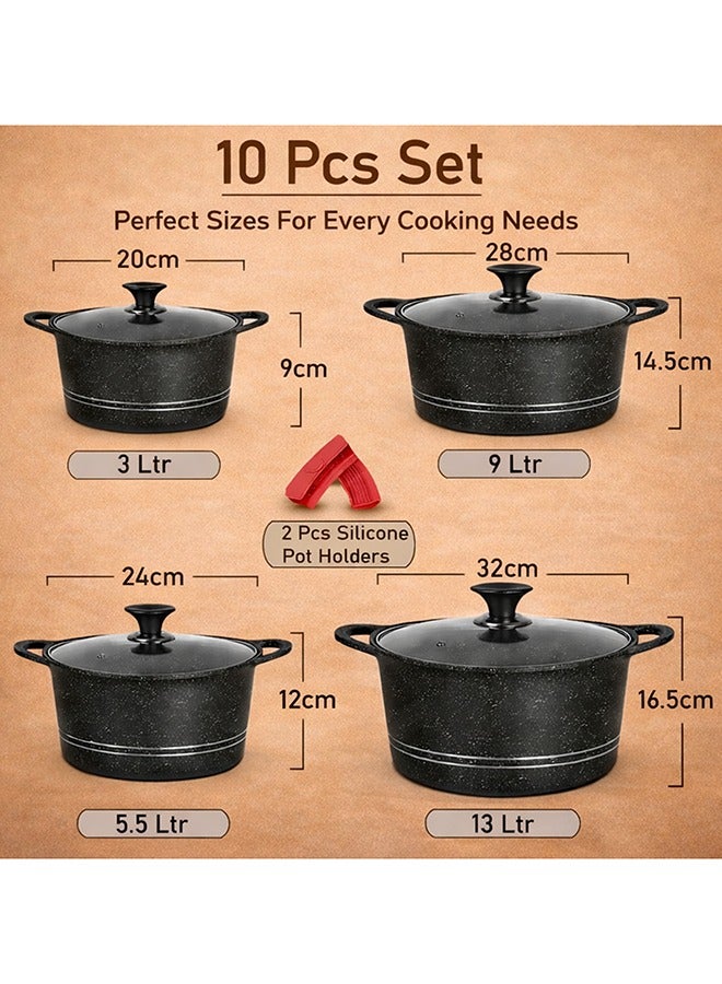 Sonex Diecast Eden King Non-Stick Cookware Set, 10-Piece, Glass Lids & Silicone Holders, 3L-13L, Advanced Korean Diecast Technology, Marble Non-Stick Coating, Dishwasher Safe, PTFE & PFOA-Free, Black - Image 3